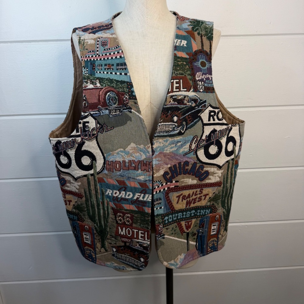 VTG Route 66 Tapestry Open Vest Americana Road Trip Graphic Lined 2X